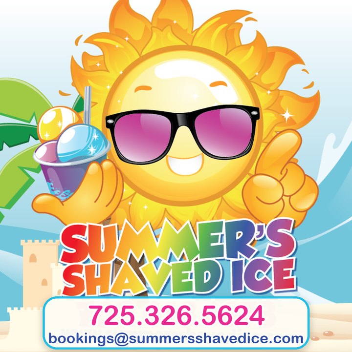 Summer's Shaved Ice logo: a smiling sun in sunglasses holding a rainbow shaved ice